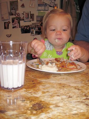 K with a plate of mashed potatoes & brown chicken