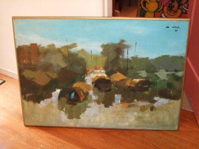 Framed oil on canvas, boats on a quiet river, Phleu Dan Tranh, 1965- $600.