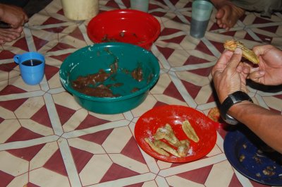Breakfast of fried banana and peanut butter from us.
