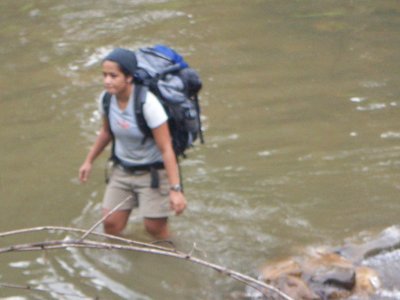 Faye crossing the Merlinau. This river has the same name as Mulu Merlinau.