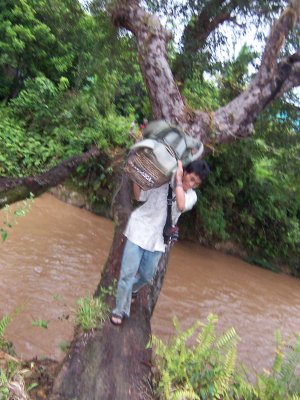 This guy is a superb balancer. He just cross it carrying 3 heavy haversack at a time and cross it 3 times as if he is walking on