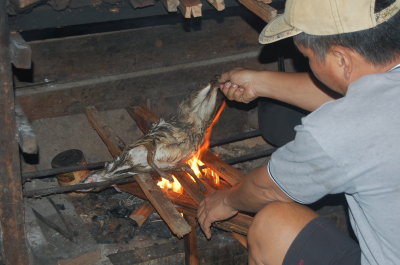 Lawrence roasting the mousedeer over the fire to remove the hair.