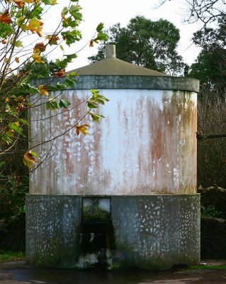 A water tank with a small fountain in the front. 