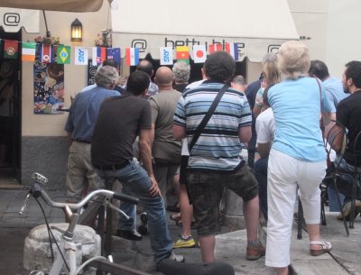 Football fans checking the latest World Cup score