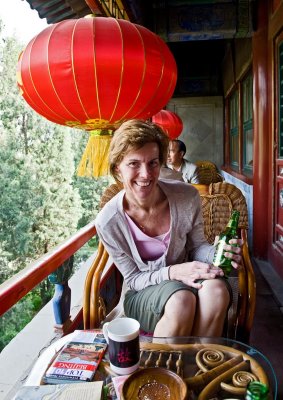 Judes enjoys a beer at the garden tea shop