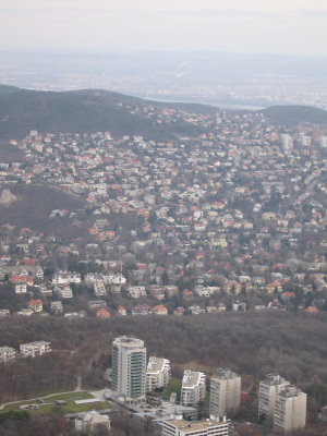 The Buda Hills neighborhood from the top of Erzsebet Tower: our house is immediately above the tall tower
