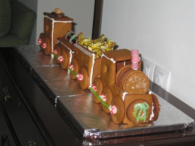Our masterpiece. Note the smokestack, the boiler, the wreath, and the coal car full of candy.