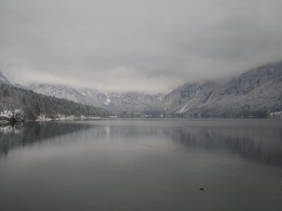 The lake at Bohinj, with mountains largely obscured by fog.
