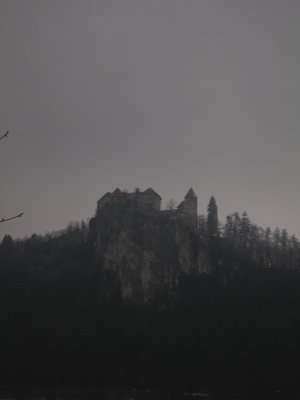 Bled Castle seen in the evening light from across the lake.