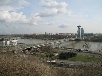  the Danube, smokestacks, and the bridge which cuts through the center of town