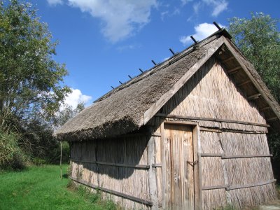 A thatched house near the fish ponds.