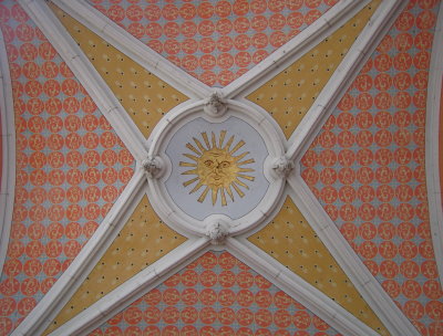 Exterior ceiling of the town hall; suns and moons are throughout the architecture