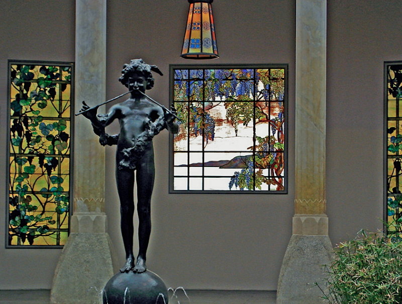 Pan in front of Tiffany windows