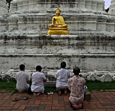 Praying at the image of the Buddha