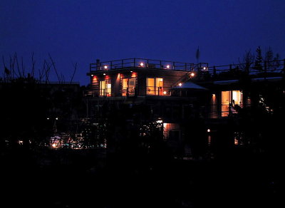 Houses on the boardwalk at night