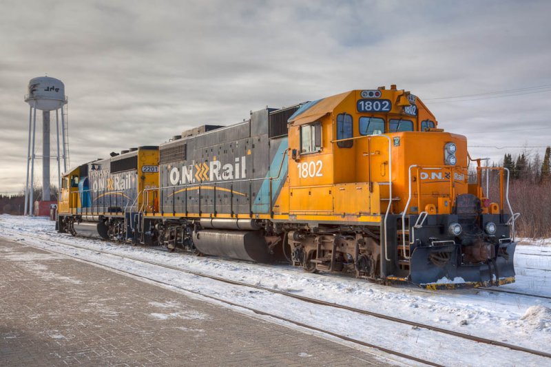 GP38-2 1802 and GP40-2 2201 at Moosonee (composite image) 2010 December 3