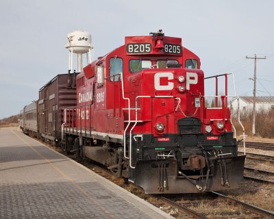 CP GP9 8205 at head of Canadian Pacific track inspection train at Moosonee 2009 May 28th