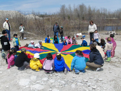 Playing games with parachute at the quarry
