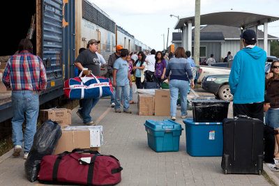 Unloading baggage from Polar Bear Express