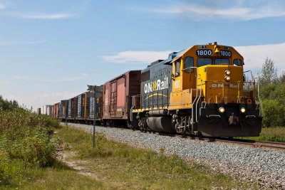Twice weekly freight train approaching Moosonee