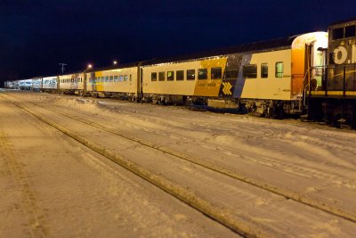 Polar Bear Express being moved to coach yard in Cochrane by GP9 1601 2010 Dec 20