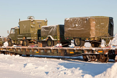 Army vehicles at Airport Road loading ramp