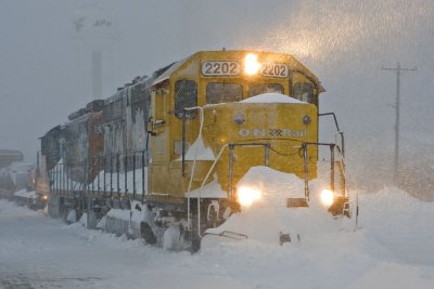 Train 421 arriving during blizzard