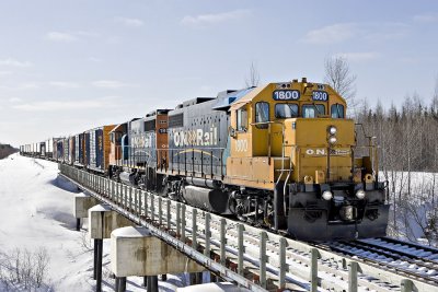 Freight 419 crossing Store Creek bridge in Moosonee