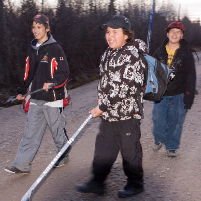 Boys returning from floor hockey