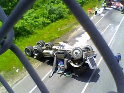 I think a Peterbilt, but upside down and crushed (on I-195 East in Fall River, MA) it's kind of hard to tell.