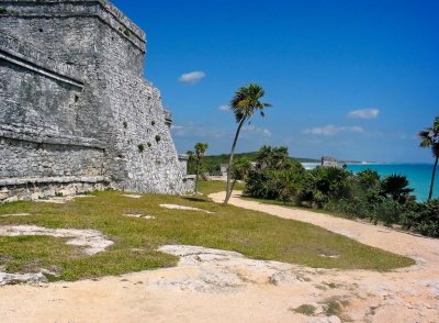 Back of Castillo with Temple of the Wind in background, Tulum, Mexico