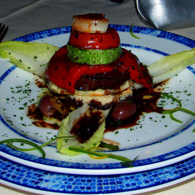 Peppers, eggplant & onion salad with Serrano ham