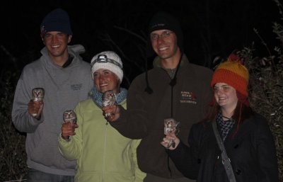 Cameron, Jo, Erik and Lizzy holding Northern Saw-whet Owls!