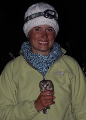 Jo with Northern Saw-whet Owl