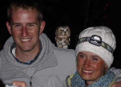 Josh and Jo with Northern Saw-whet Owl... the S'wet looks slightly unhappy in this one :)
