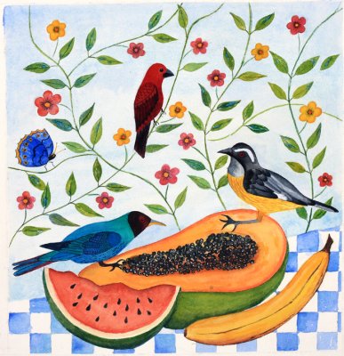 3 birds with fruit