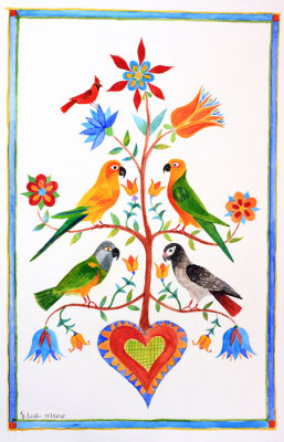 4 Christmas Parrots and a Cardinal