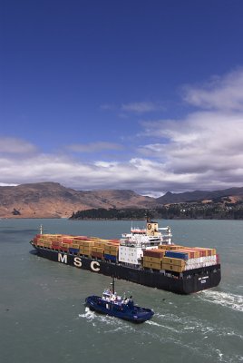 Container ship departs from Lyttelton, New Zealand