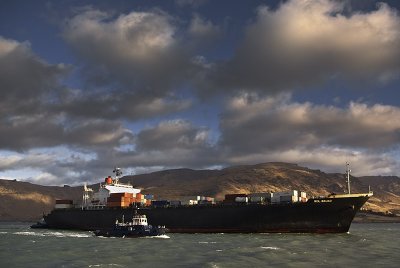 Container ship arrival in evening light, Lyttelton
