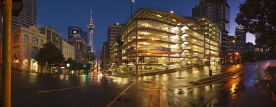 Skytower and other celebrated buildings at dawn, Auckland, New Zealand
