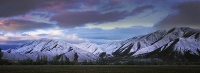 Panorama of evening light on mountains, Mackenzie Country, Canterbury, New Zealand