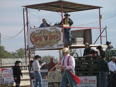 The Judge's Stand and one of the rodeo clowns