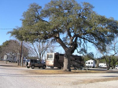Bandera, TX- Our RV under the huge oak tree