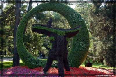 A topiary in the shape of a bronze wine vessel