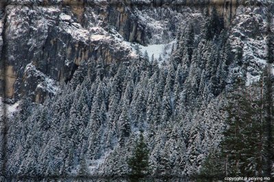 Surrounding peaks and evergreens are covered with snow