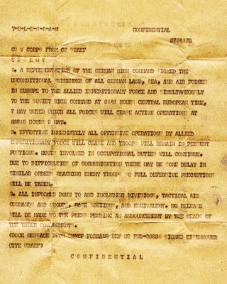 V Corps Telegram - End of ETO Hostilities - Notification May 1945