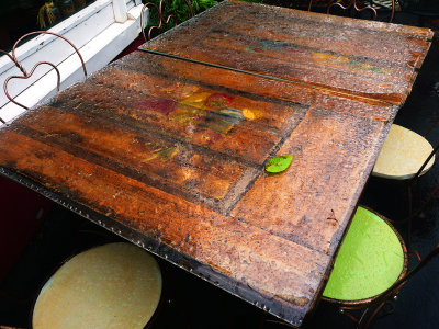  table in rain, southwest harbor, me
