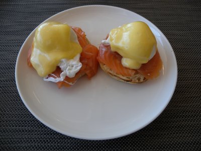 Sydney Qantas first lounge salmon eggs benedict