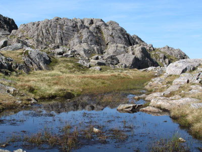 Rocks and a marshy pond on Bowfell