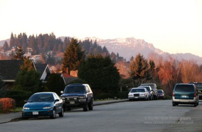 A Parkcrest view, with Cathedral Mountain lit up by the setting sun